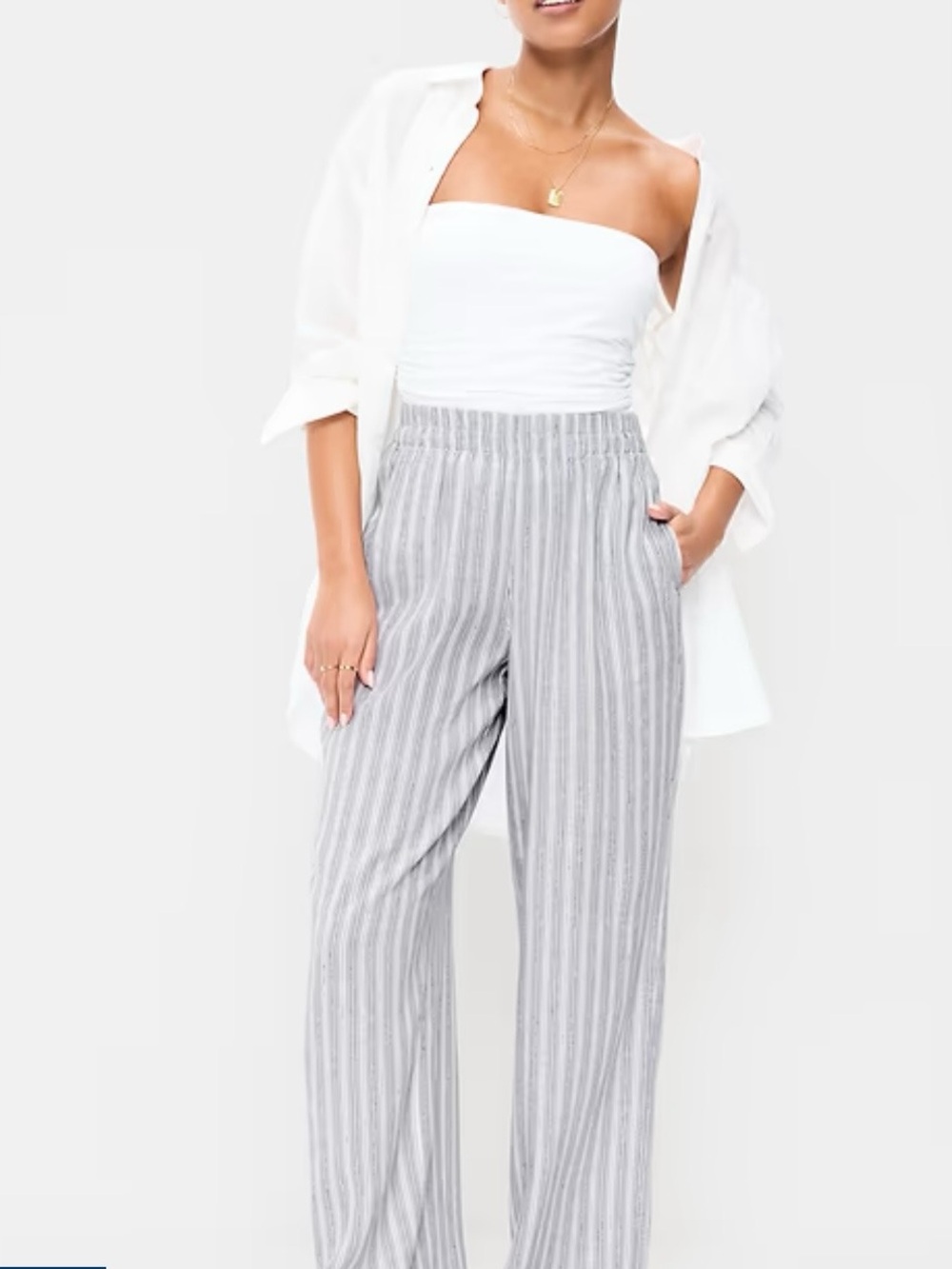 Old Navy Light Gray/Soft Blue Vertical-Stripe Wide-Leg Pants